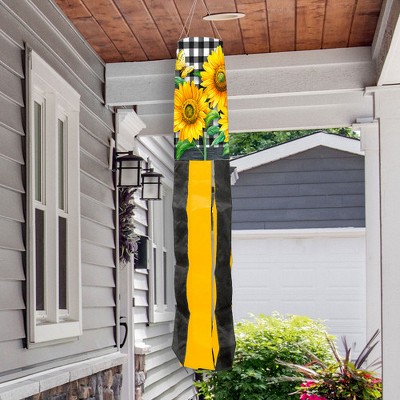 Checkered Sunflowers Summer Outdoor Windsock with Black and Yellow Stripes