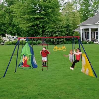 Rinbow colour interesting four function swingset with net swing and face to face metal plastic safe swing seat 550lbs for outdoor playground