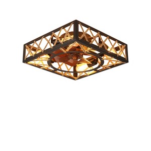 KWPZQEB Rustic Ceiling Fans with Lights, 17.7" Square Caged Industrial Ceiling Fixture with 6 Speeds & Noiseless DC Motor for Dining Room, Living Room - 1 of 4