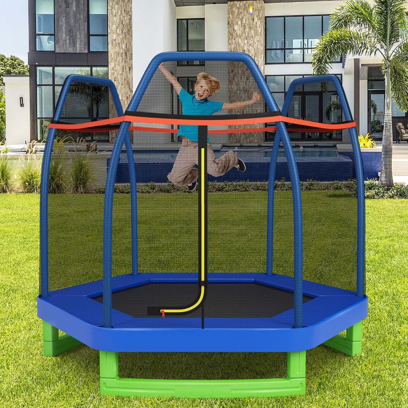 Costway 7 FT Kids Trampoline with Safety Enclosure Net Spring Pad Indoor Outdoor Heavy Duty Yellow/Blue/Green, 1 of 11