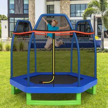 Costway 7 FT Kids Trampoline with Safety Enclosure Net Spring Pad Indoor Outdoor Heavy Duty Yellow/Blue/Green