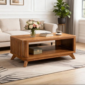 Hostack 41.5'' Wood Coffee Table with Solid Wood Legs and Open Storage Shelf for Living Room, Walnut - 1 of 4