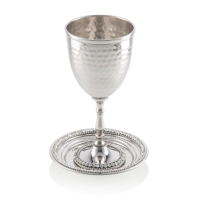 Classic Touch Stainless Steel Kiddush Cup and Tray with Crystal Beads
