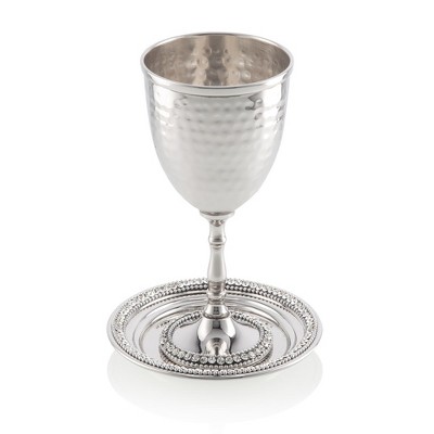 Crystal Glass Stem Kiddush Cup and Tray - Decorative Crushed Clear Stones