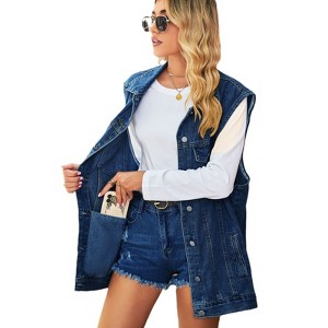 Coolmee Women's Oversized Denim Vest Mid Long Jean Vest Sleeveless Jackets Distressed Vest - 1 of 4