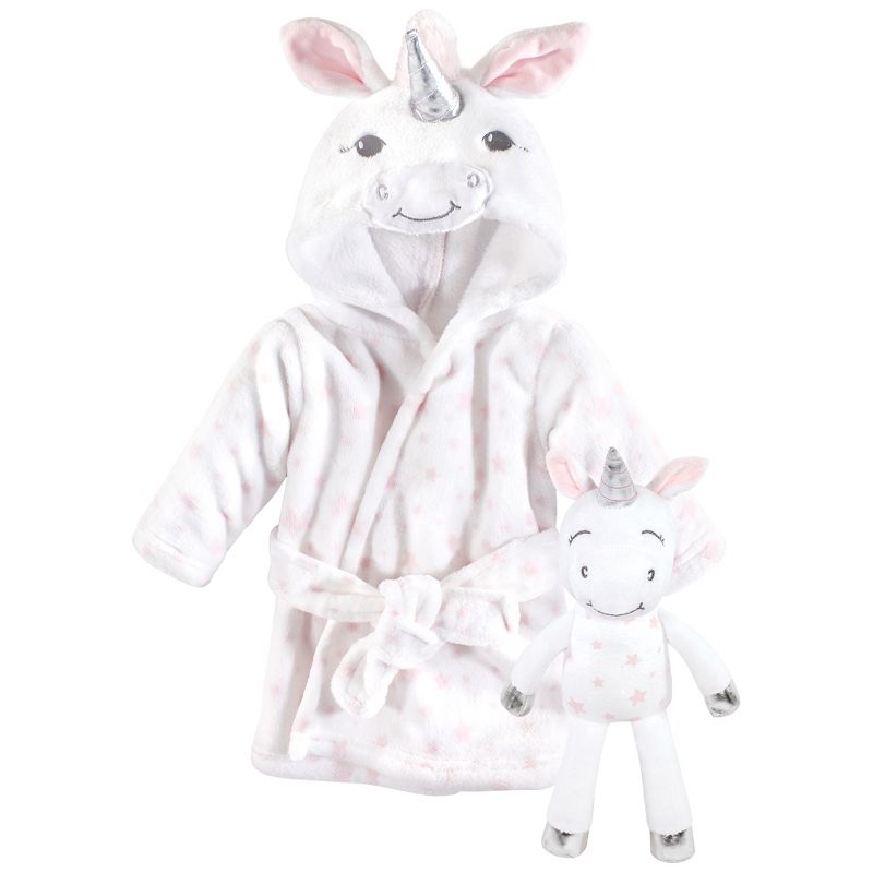 Hudson Baby Infant Girl Plush Bathrobe and Toy Set, White Unicorn, One Size, 1 of 5
