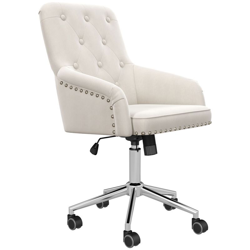 HOMCOM Modern Mid-back Desk Chair with Button Tufted Velvet Back, Nailhead Trim, Swivel Home Office Chair with Adjustable Height, Curved Padded Armrests, 4 of 10