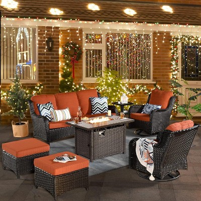 XIZZI Wicker Patio Furniture Set with 3-Seat Sofa, Swivel Rocking Armchairs & Ottomans & Side Table, Modular Sectional Outdoor Conversation Sofa Set