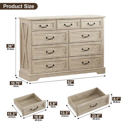 Dresser with dimensions shown: 52" wide, 36" tall, 15.75" deep; two inset drawer units