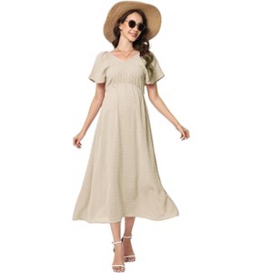 Maternity Dress Maternity V Neck Ruffle Dress Summer Casual Flowy Midi Dress - 1 of 1
