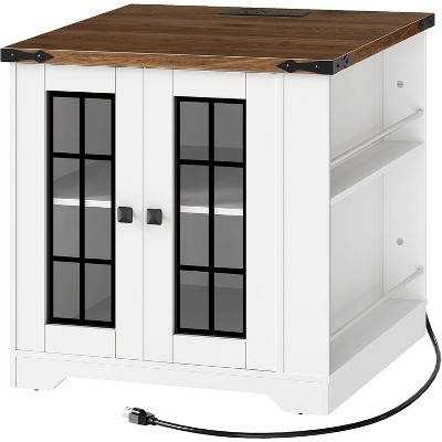 MaseiKar Farmhouse End Table with Charging Station, Large End Table for Living Room with Side Shelves, Square Nightstand with Glass Barn Door