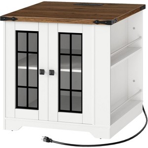 MaseiKar Farmhouse End Table with Charging Station, Large End Table for Living Room with Side Shelves, Square Nightstand with Glass Barn Door - 1 of 4