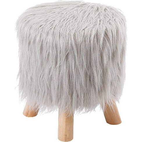 BirdRock Home Faux Fur Foot Stool Ottoman with Wood Legs Silver