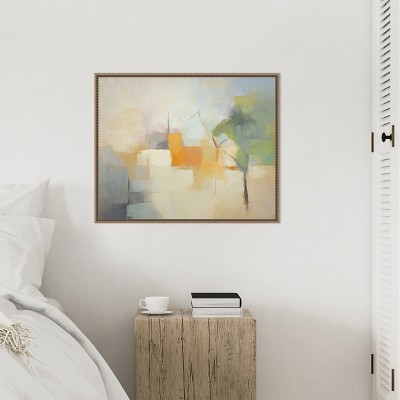 Green and Orange Abstract Landscape Canvas Art with Bronze Frame