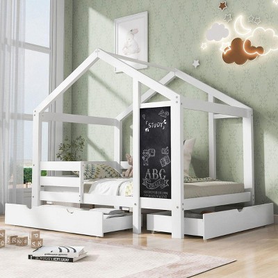 Streamdale Twin House Bed with Blackboard and Drawers, Two assembly options, White