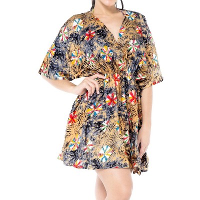 LA LEELA Women's Summer Holiday Beachwear Mini Bathing Suit Plus Size Fall Swimsuit Beach Dress Cover Ups 1X-2X Black, Floral