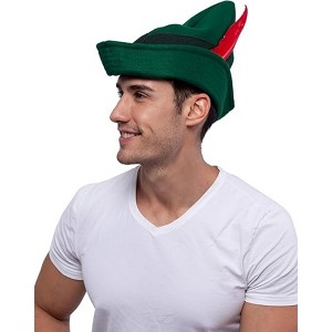 Joyfy Felt Robin Hood Hats with Feather, Tyrolean Costume Accessory for Halloween Dress Up, Green Alpine German Hat One Size Fits all for Adult - 1 of 4