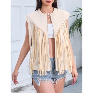 Women's Fringe Vest 70s Denim Zip Up Jacket Hippie Sleeveless Loose Costume - 1 of 4