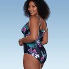 Women's Waist Detail Over the Shoulder One Piece Swimsuit - Aqua Green® Black Floral Print - image 2 of 4