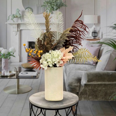 31" Tall White Ceramic Vase with Mixed Fern and Hydrangea Arrangement