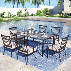 Captiva Designs 7pc Patio Slatted Top Steel Dining Table with Umbrella Hole & Stylish Cushioned Metal Chairs - 1 of 4
