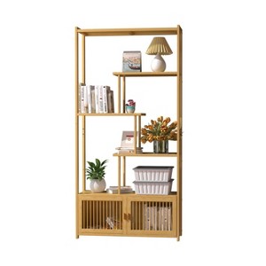 Artloge Large Natural Bamboo Bookshelf 70'' Tall Freestanding Storage Rack with Cabinet for Living Room Bedroom Hallway - 1 of 4