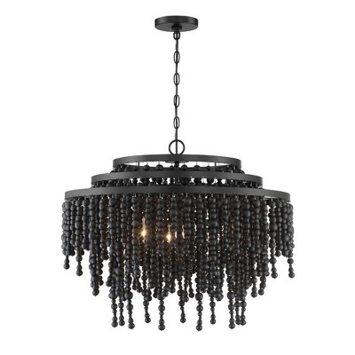 Matte Black Crystal Cascade 6-Light Chandelier with Black Wood Beads