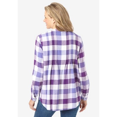 Ivory Multi Plaid Pintucked Cotton Flannel Shirt, Plus Size