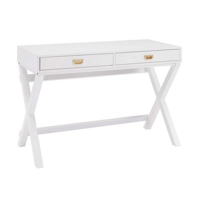 Linon Peggy Transitional Campaign Wood Writing Desk with Drawers White : Pine Frame, MDF Surface, Metal Hardware