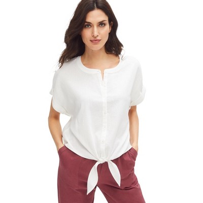 ellos Linen-Blend Tie-Front Blouse