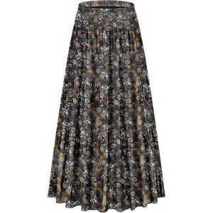 Women's Chiffon Boho Maxi Skirt - High Waist Tiered Pleated Floral A-Line Long Skirt Brown Floral - 1 of 4