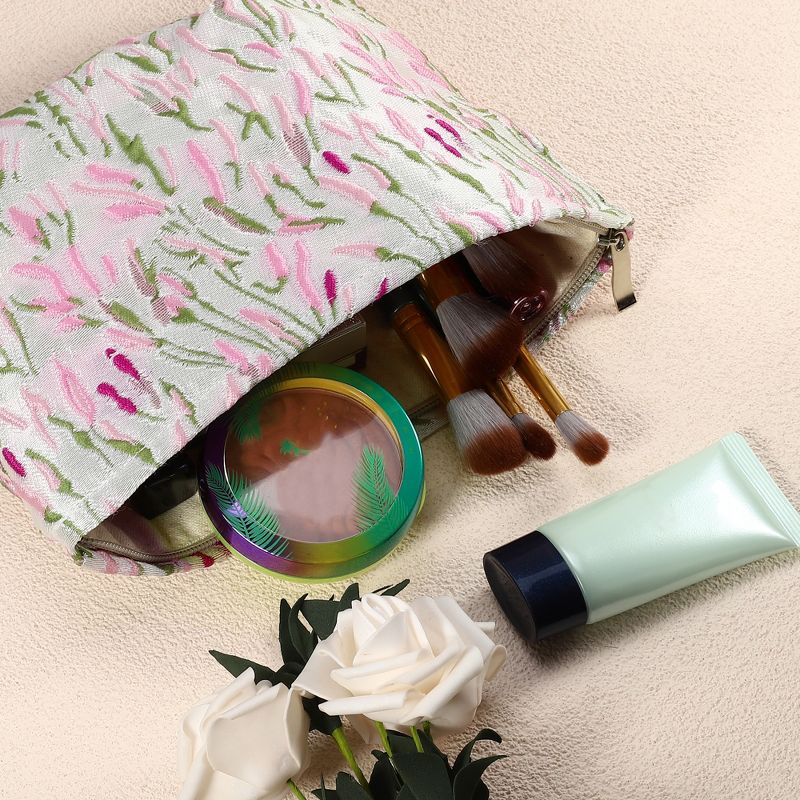 Unique Bargains Travel Zipper-Closure Floral Canvas Makeup Bag Peach Pink 1 Pc, 2 of 8