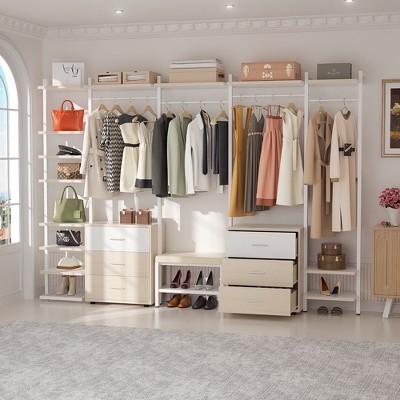 Aheaplus 68"-96" Closet Organizer with 6-Drawers,4 Clothing Rack