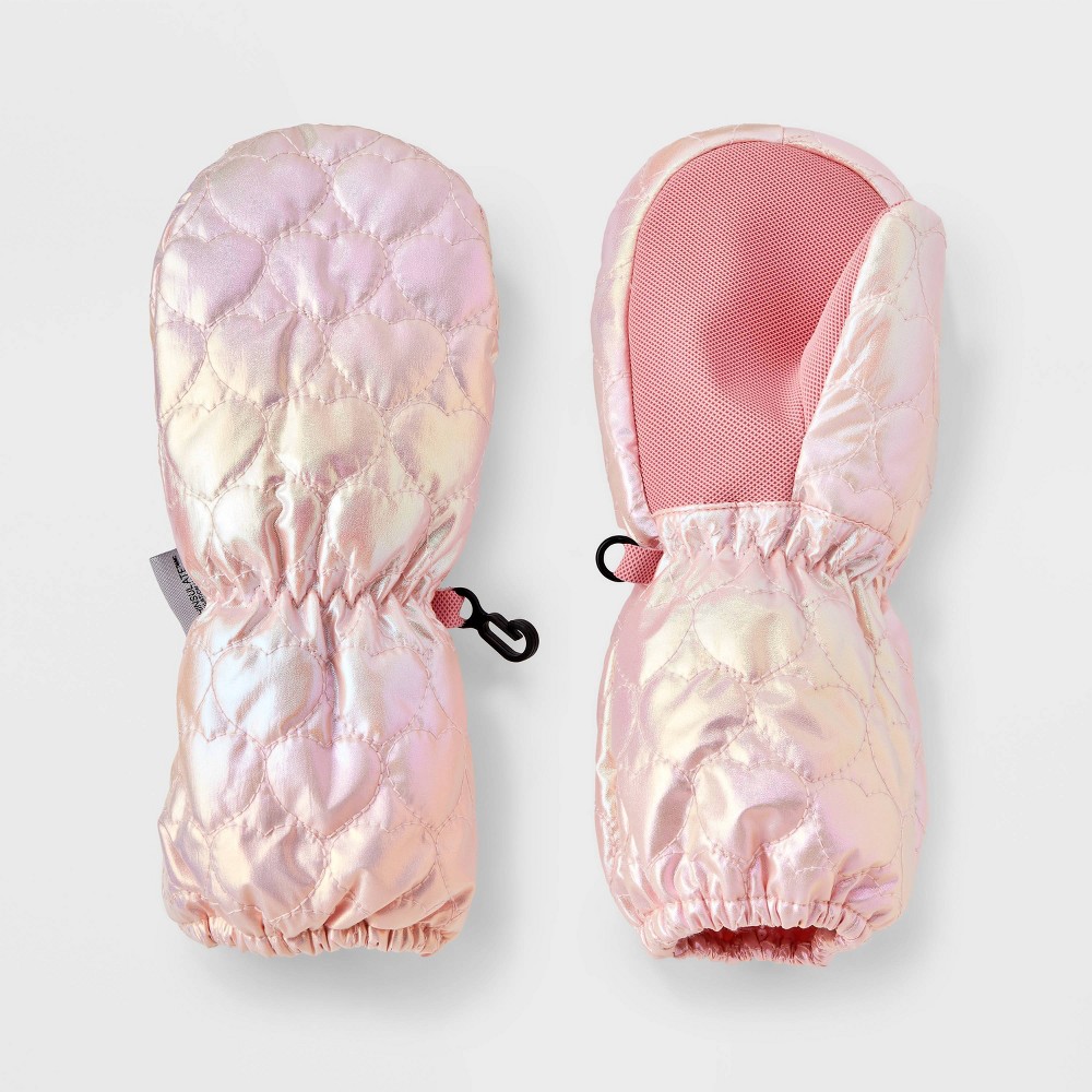 Toddler Girls' Shiny Quilted Foil Heart Extended Wrist Mittens - Cat & Jack™ Pink 2T-5T