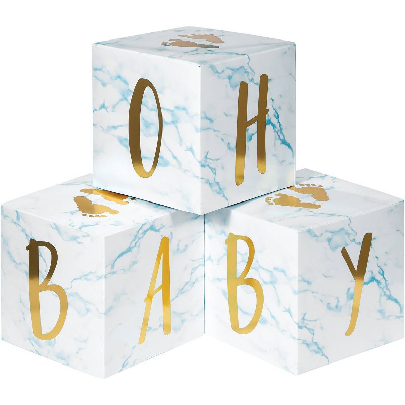 3ct Marble Baby Shower &#39;Oh Baby&#39; Blocks Centerpieces Party D&#233;cor and Accessories Blue, 1 of 6