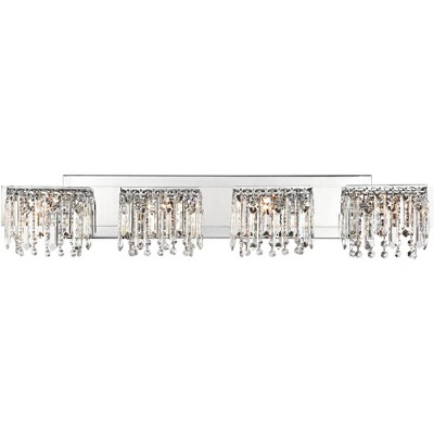 Possini Euro Design Modern Wall Light Chrome Hardwired 33 3/4" Wide 4-Light Fixture Hanging Crystal for Bathroom Vanity Mirror