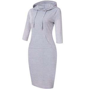 Women's Casual Long Sweatshirts 3/4 Sleeve Hooded Bodycon Dress with Kangaroo Pocket - 1 of 4