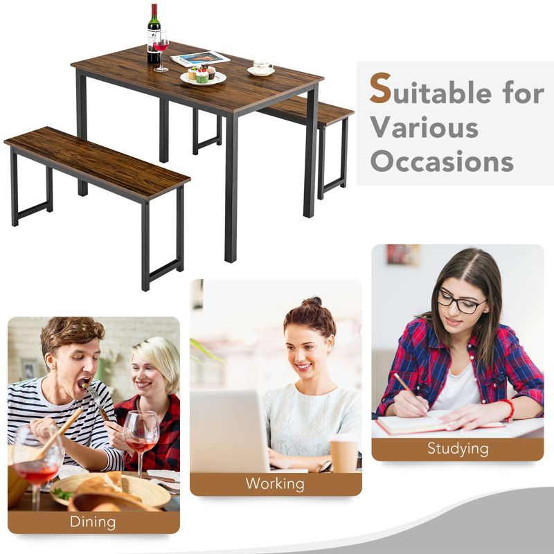 Tangkula 3pcs Dining Table Set for 4 Modern Industrial Counter Height Kitchen Table Set with 2 Benches for Dining Room Natural/Brown, 4 of 11