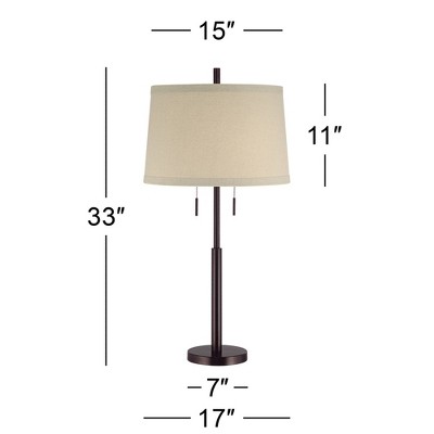 Dark Bronze Stick Buffet Table Lamp with Off-White Burlap Shade and USB