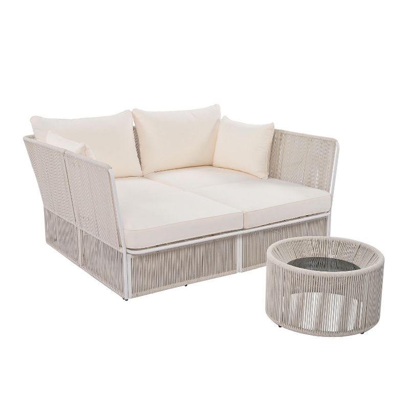 2-piece Woven Rope Patio Conversation Sets, Outdoor Sunbed and Coffee Table Set - Maison Boucle, 2 of 8
