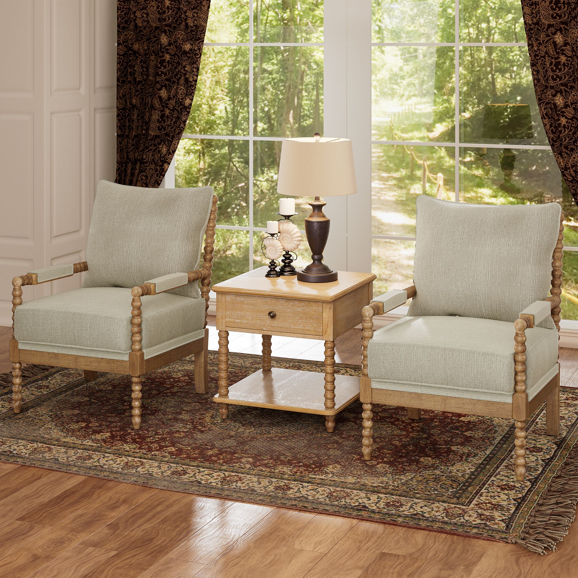Set of 2 Mid Century Spindle Accent Chair for Living Room Upholstered Armchair with Thick Cushion and Wood Frame - Morden Fort