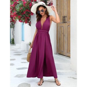 WhizMax Women's 2024 Summer Deep V Neck Floral Dress Backless Sleeveless Dress Flowy Boho Maxi Dresses with Belted for Party Evening - 1 of 4