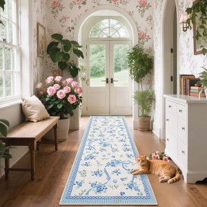 Washable Modern Floral Cute Bow Rug Non Slip Low Pile Rug Soft Contemporary Throw Floor Cover Foldable Indoor Carpet for Living Room Bedroom Nursery - 1 of 4