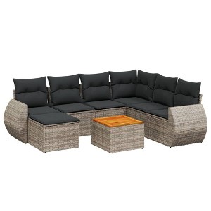 vidaXL 8 Piece Patio Sofa Set with Cushions Gray Poly Rattan - Table + 3x middle + corner - 1 of 4