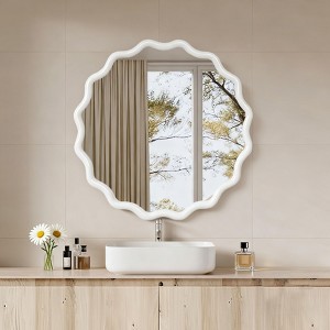 Spassway 30"W*30"H White Asymmetrical Mirror Irregular Round Wall Mirror Modern Wood Frame Wall Mounted Vanity Mirror Decorative for Bedroom Bathroom - 1 of 4