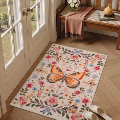 Lahome Modern Butterfly Floral Short Pile Velvet Rectangular Indoor Area Rug