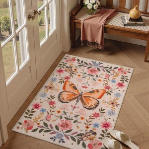 Lahome Modern Butterfly Floral Short Pile Velvet Rectangular Indoor Area Rug - 1 of 4
