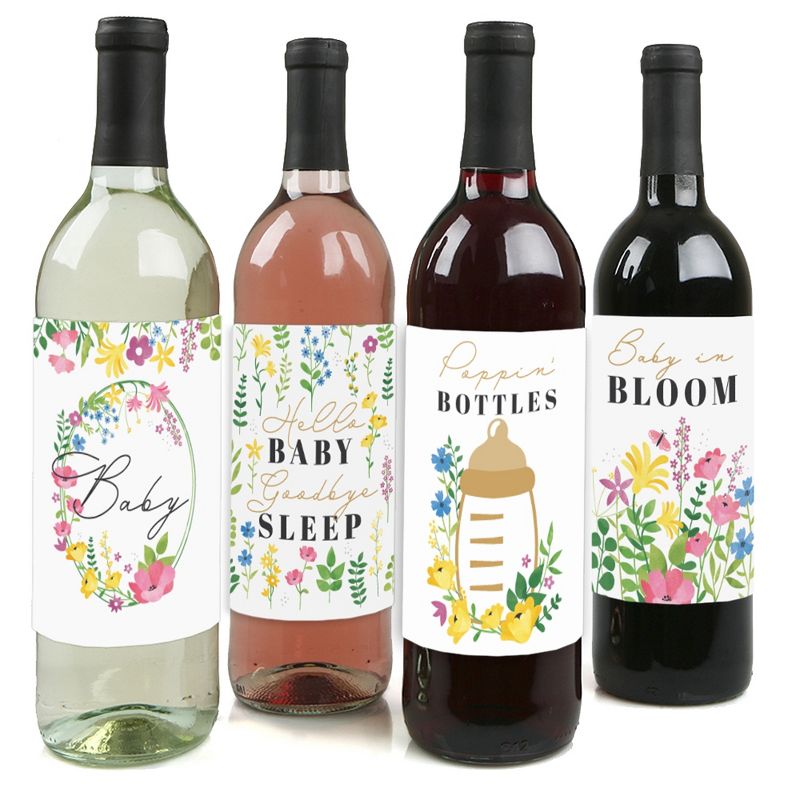 Big Dot of Happiness Wildflowers Baby - Boho Floral Baby Shower Decorations for Women and Men - Wine Bottle Label Stickers - Set of 4, 1 of 9