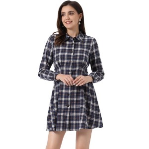 INSPIRE CHIC Women's Plaid Long Sleeves A-Line Button Up Casual Shirt Dress - 1 of 4