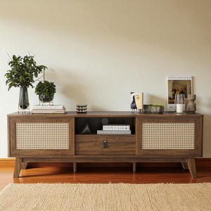 Mid Century Modern Rattan TV Stand with Drawer and 2 Cabinets, 59" Wood Entertainment Center for Living Room or Media Console Setup - 1 of 4